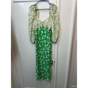 Rixo for Target Green Floral Daisy‎ Puff Sleeve Smocked Midi Dress Square Neck